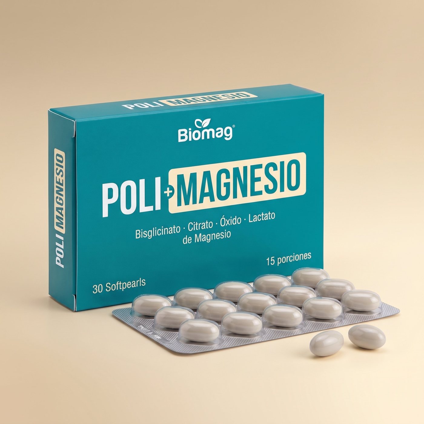 PoliMagnesio Biomag — caja y blíster de 30 Softpearls