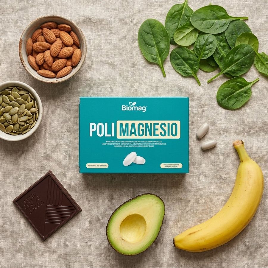 PoliMagnesio junto a alimentos fuente de magnesio