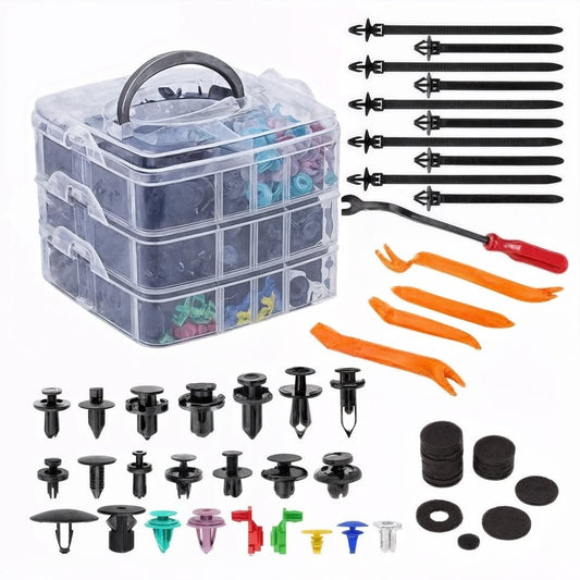 KIT UNIVERSAL DE CLIPS Y GRAPAS AUTOMOTRICES – 725 PIEZAS + HERRAMIENTAS