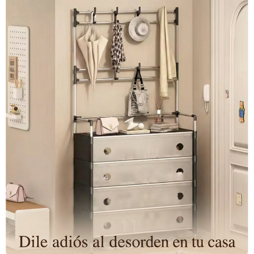 ORGANIZADOR ARMABLE MULTIFUNCIONAL 3 EN 1: ZAPATERO ANTIPOLVO, PERCHERO Y REPISA