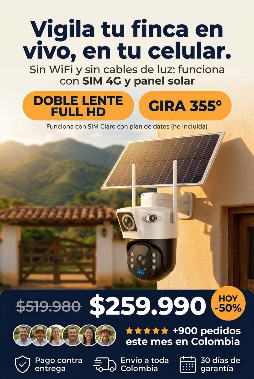Cámara de seguridad solar 4G doble lente Full HD - vigila tu finca en vivo en el celular