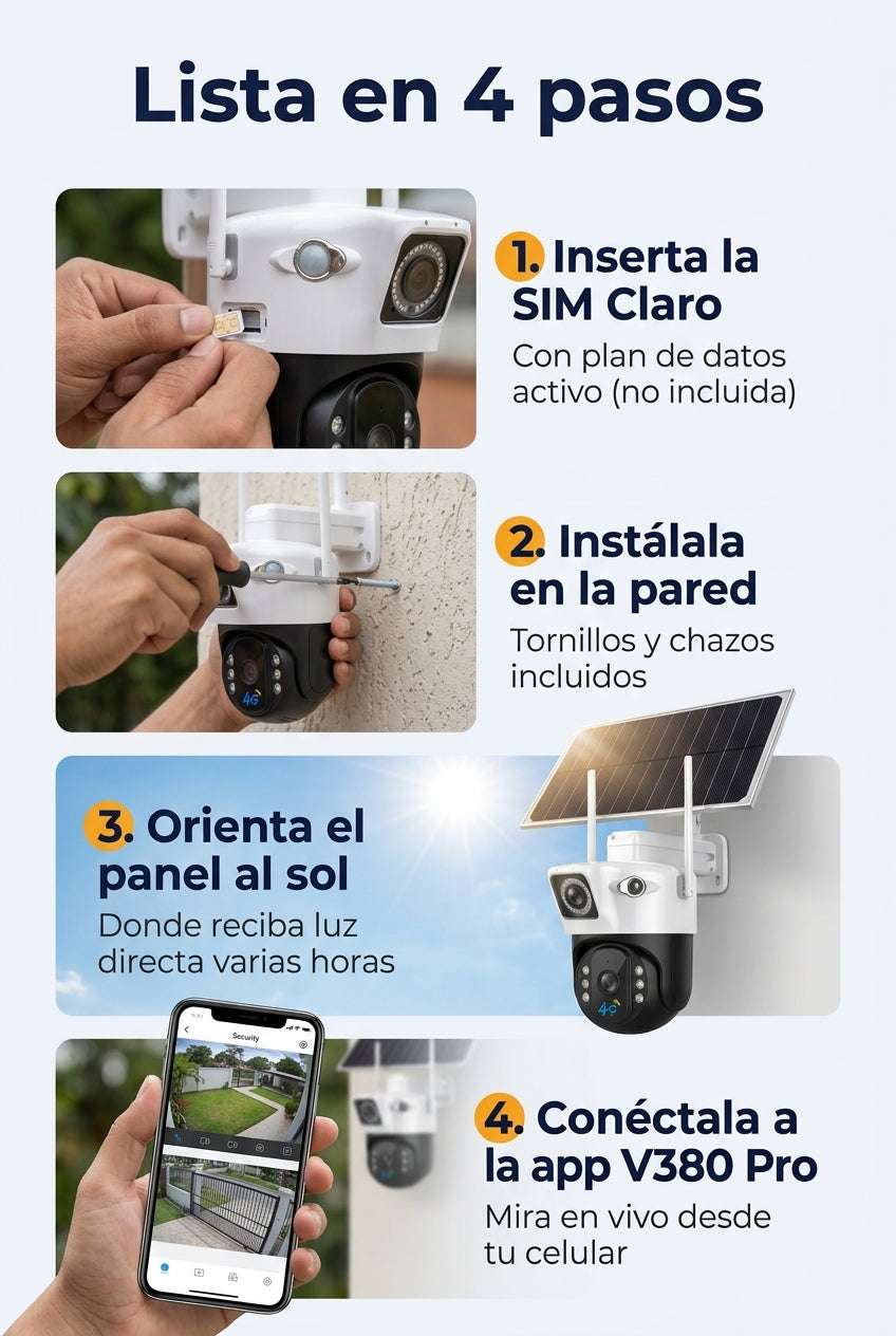 Lista en 4 pasos: SIM Claro, instalar en la pared, orientar el panel y app V380 Pro