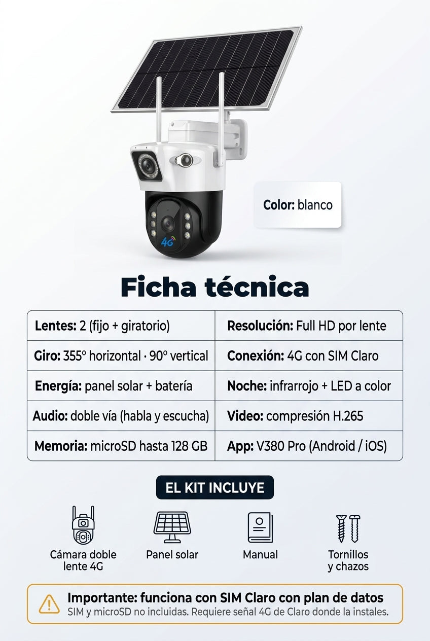 Ficha técnica: doble lente Full HD, 355°, 4G con SIM Claro, microSD hasta 128 GB
