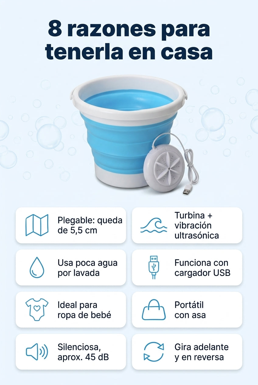 8 razones: plegable, ultrasonica, poca agua, USB, ropa de bebe