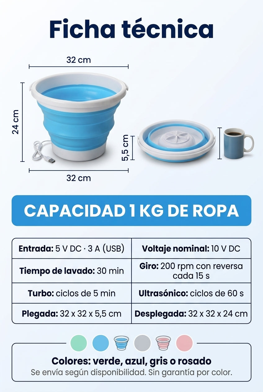 Ficha tecnica: 32 x 32 x 24 cm, 1 kg, 5 V 3 A, colores segun disponibilidad