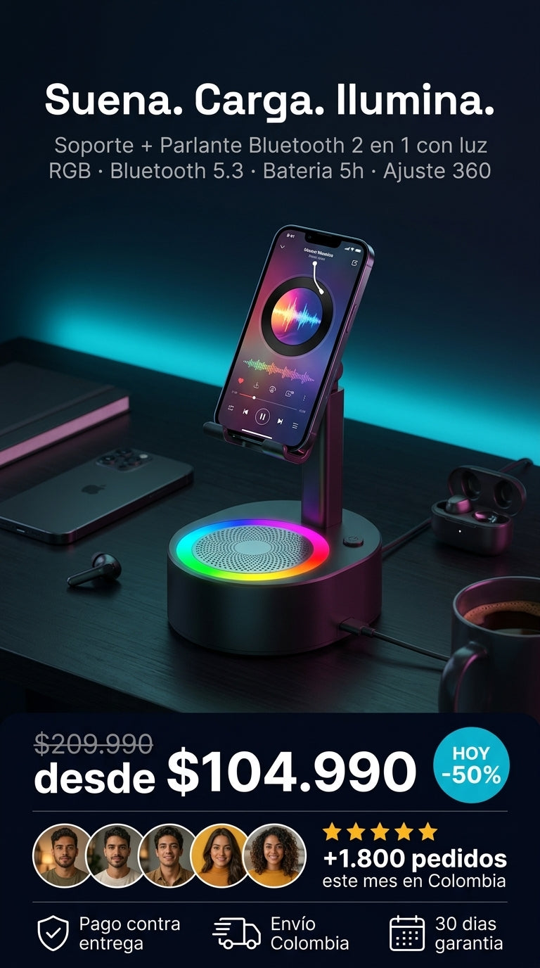 Soporte + Parlante 2 en 1 con luz RGB - suena carga ilumina