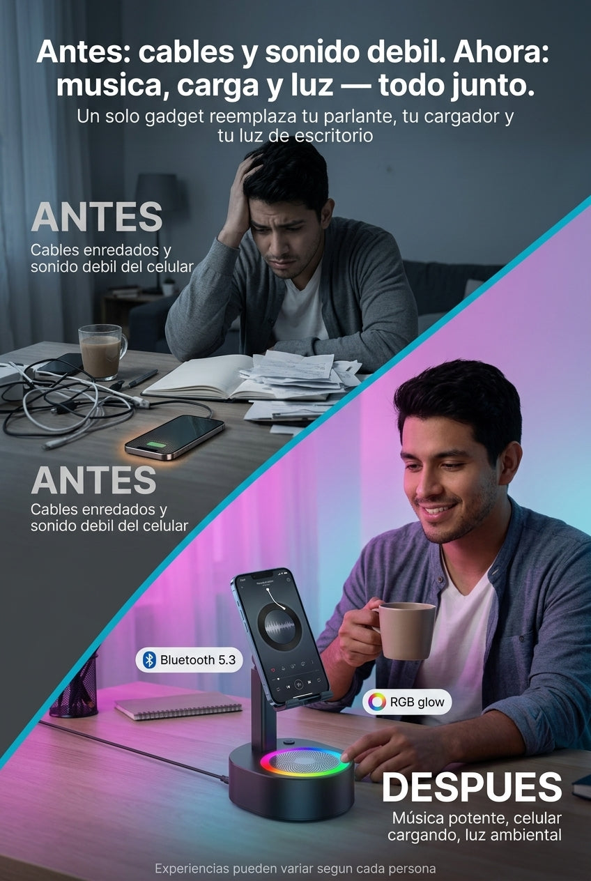 Antes cables y sonido debil - ahora musica carga y luz