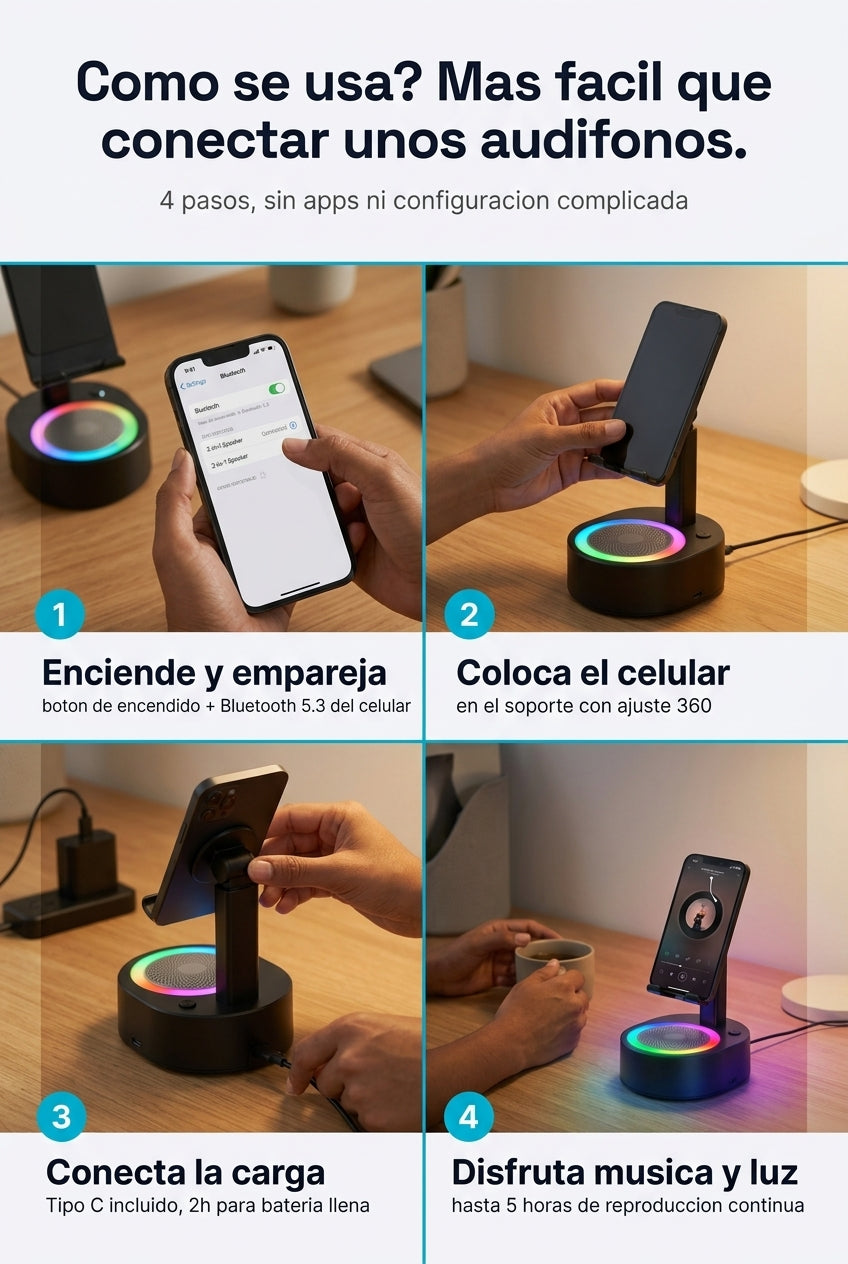 Como se usa en 4 pasos: emparejar colocar cargar disfrutar