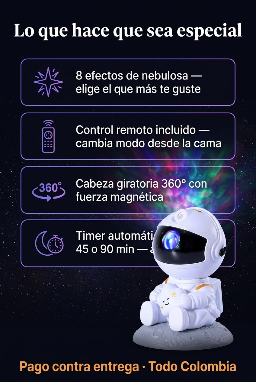 Beneficios AstroGlow — 8 efectos nebulosa, control remoto, rotación 360°, timer 45-90 min.