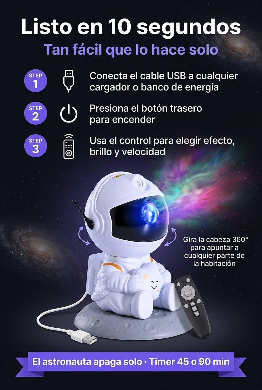 Cómo usar AstroGlow — conecta USB, enciende, elige efecto con control remoto.