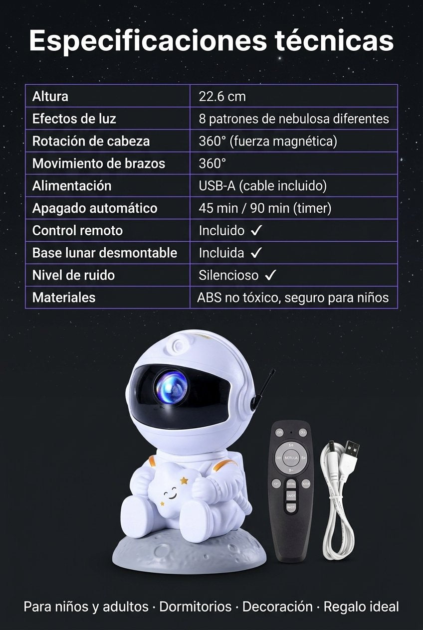 Ficha técnica AstroGlow — 22.6cm, USB, rotación 360°, timer 45-90 min, silencioso, materiales no tóxicos.