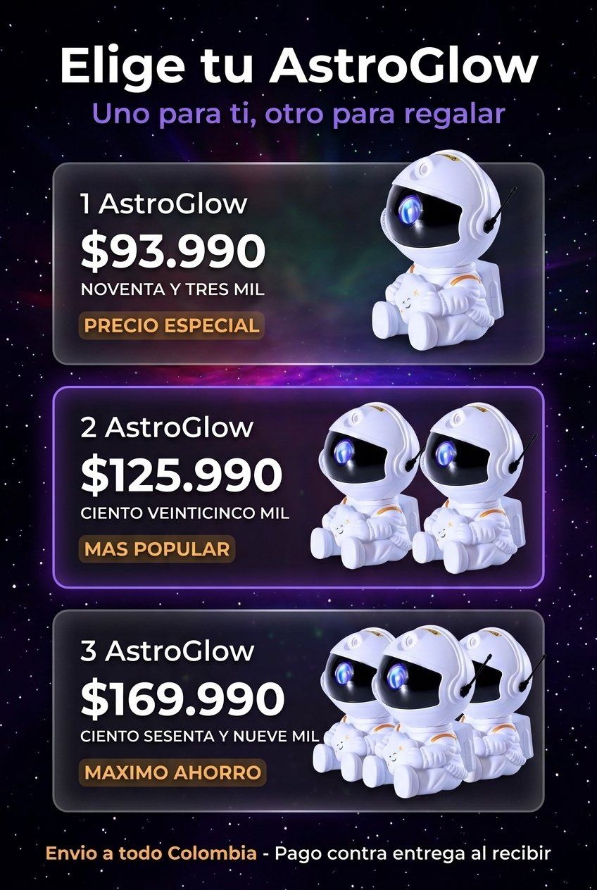 Combos AstroGlow — 1 unidad $79.990 · 2 unidades $139.990.