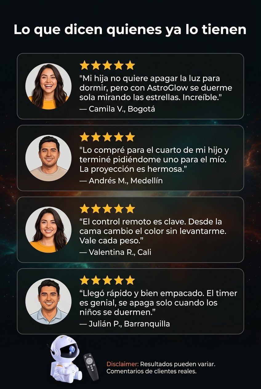 Testimonios reales AstroGlow — clientes de Bogotá, Medellín, Cali, Barranquilla.