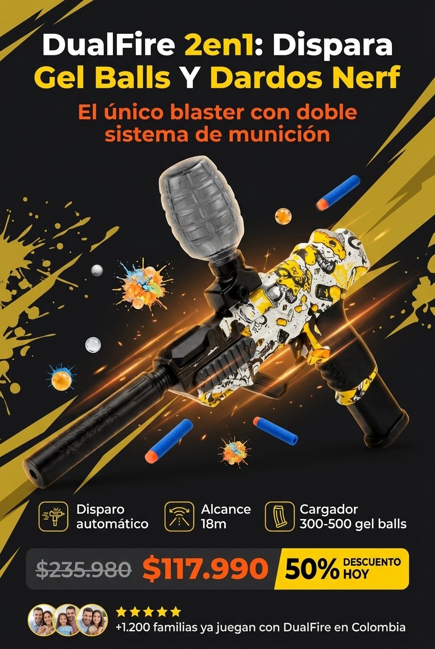 DualFire 2en1 — Pistola que dispara gel balls y dardos nerf. 50% descuento hoy.