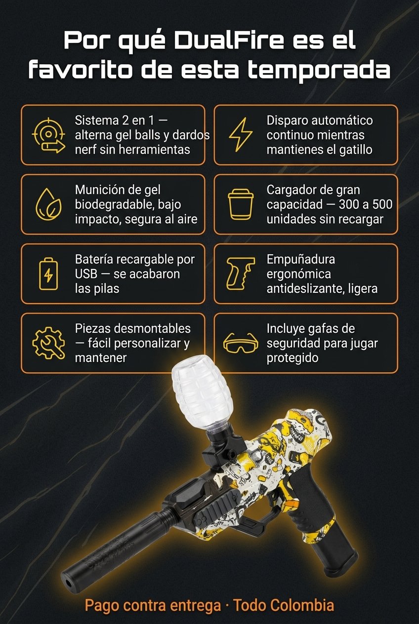 Beneficios DualFire — sistema 2en1, disparo automático, gel biodegradable, batería USB, gafas de seguridad.
