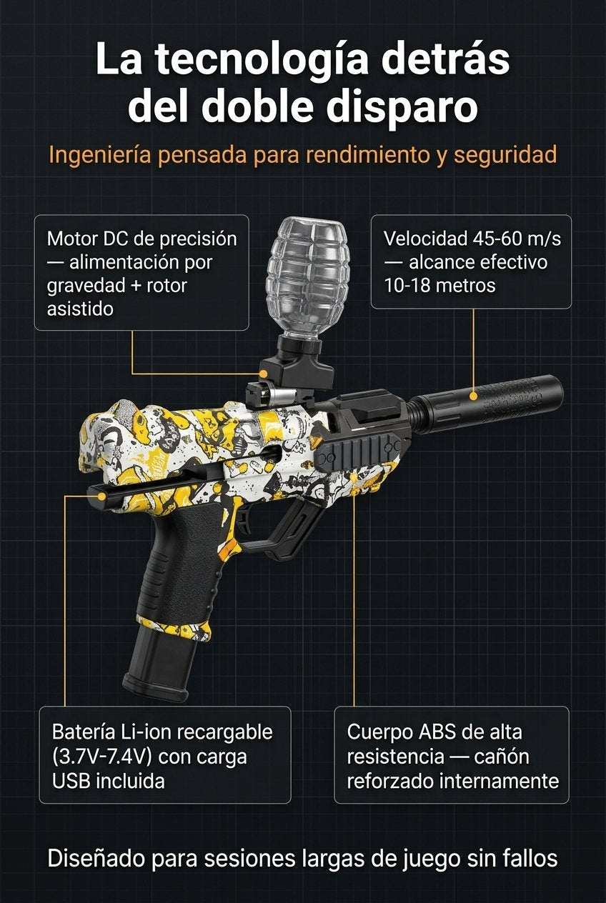 Tecnología DualFire — motor DC, velocidad 45-60 m/s, batería Li-ion, cuerpo ABS reforzado.
