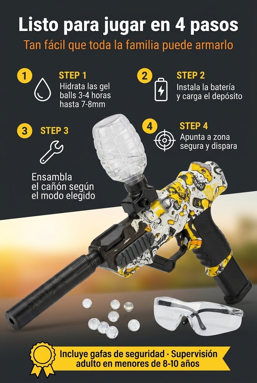 Cómo usar DualFire — hidrata gel balls, instala batería, ensambla cañón, dispara.