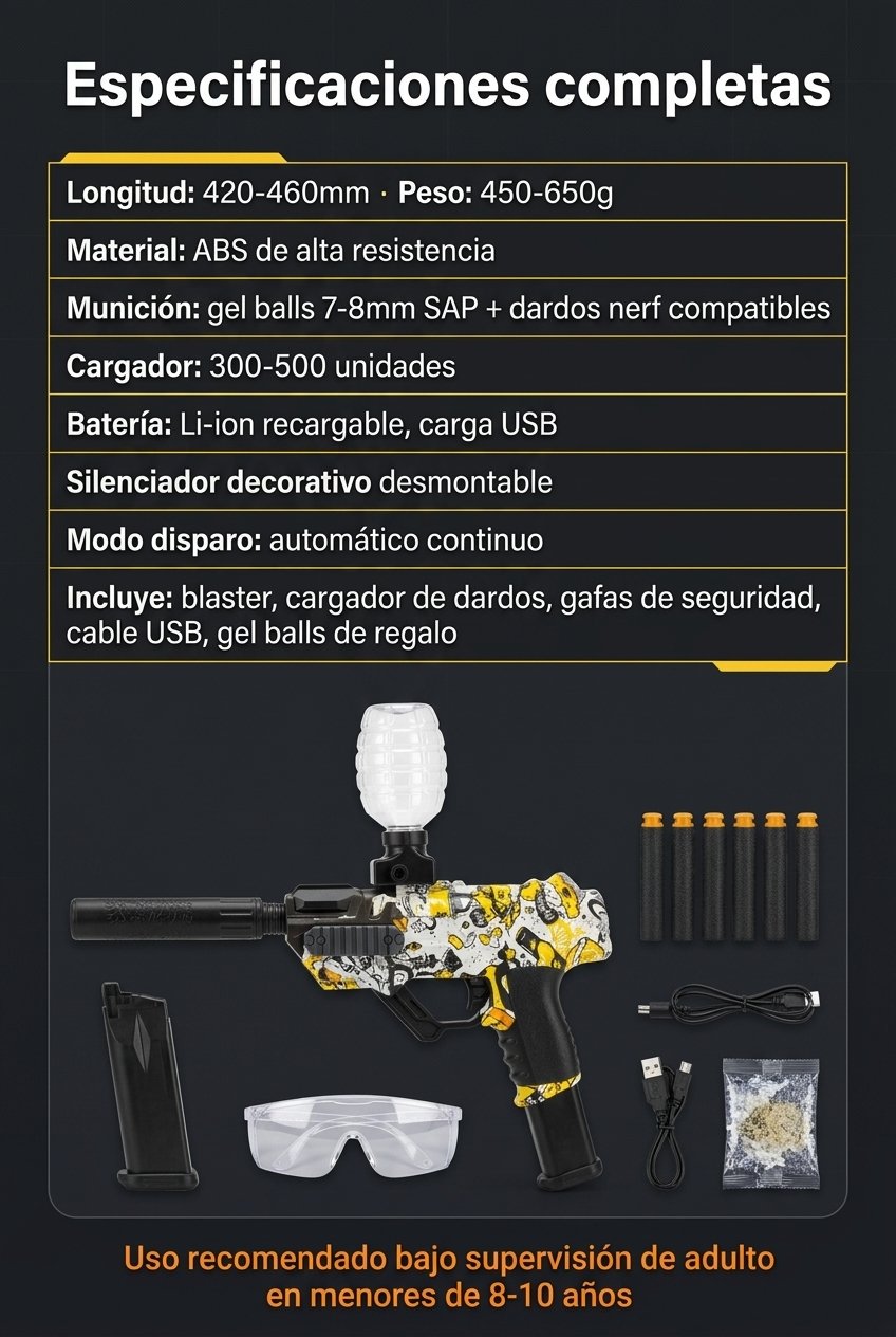 Ficha técnica DualFire — 420-460mm, ABS, gel balls 7-8mm + dardos nerf, cargador 300-500, batería USB.