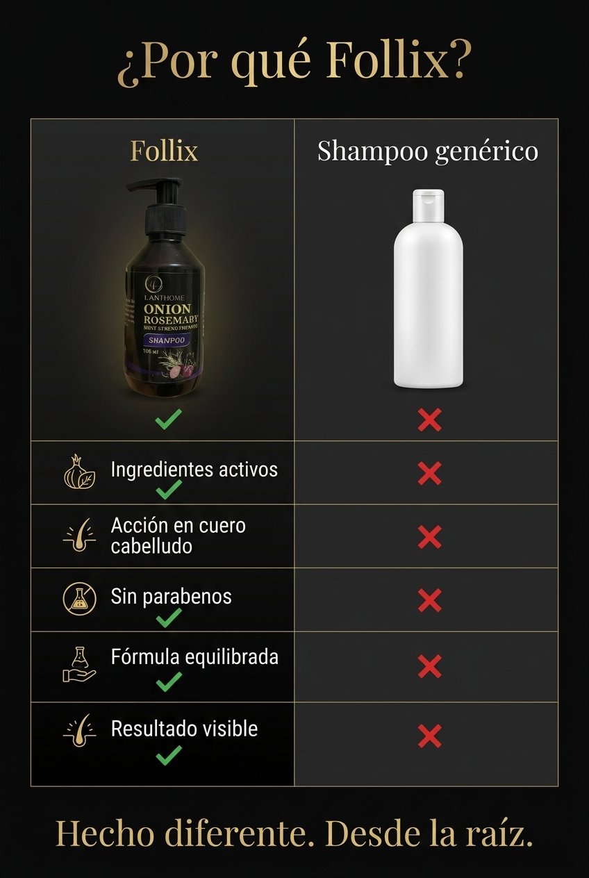 Follix vs shampoo genérico — ingredientes activos, acción en cuero cabelludo, sin parabenos.