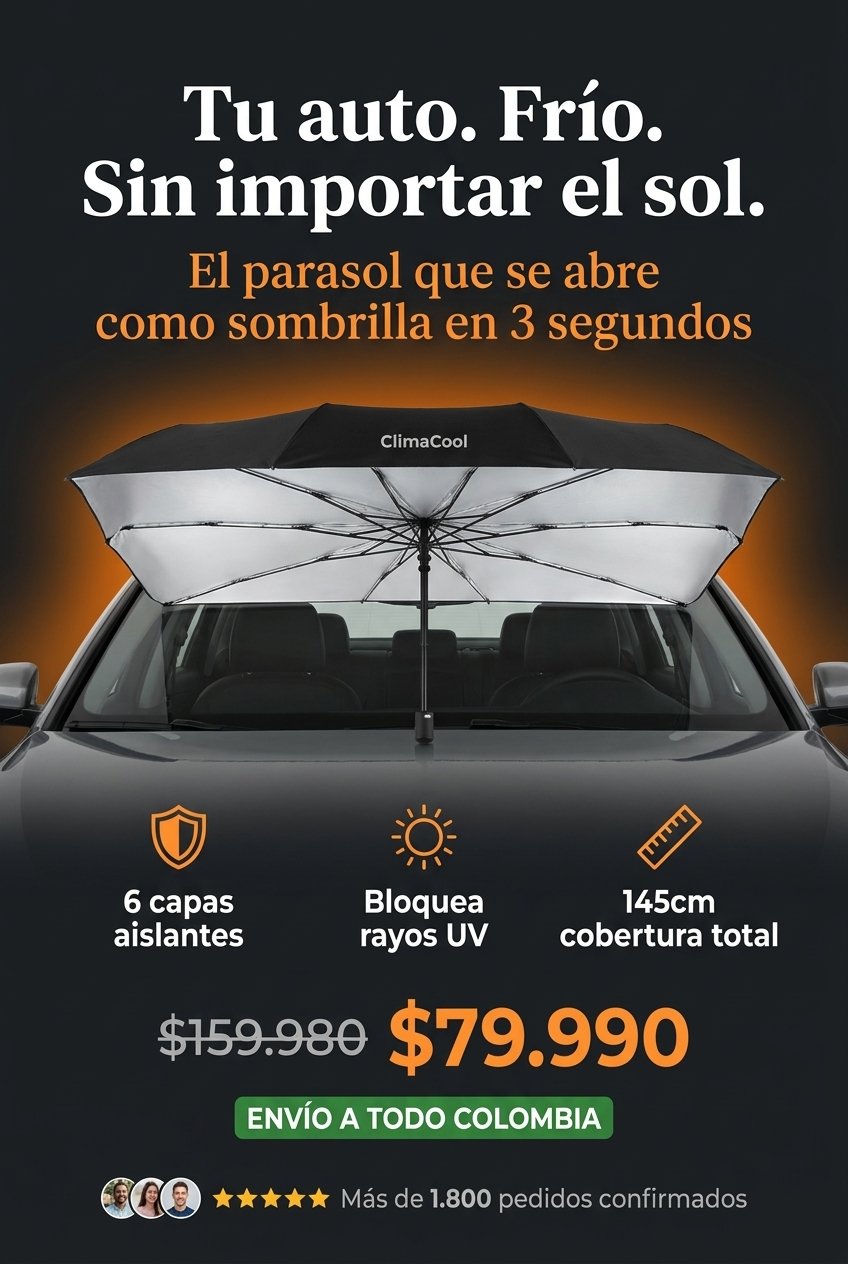 ClimaCool Parasol Plegable — Tu auto frío sin importar el sol. Abre como sombrilla en 3 segundos.