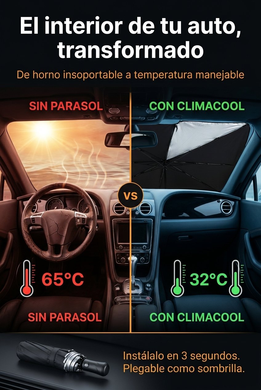 Antes y después de ClimaCool — interior de auto fresco vs interior caliente sin parasol.