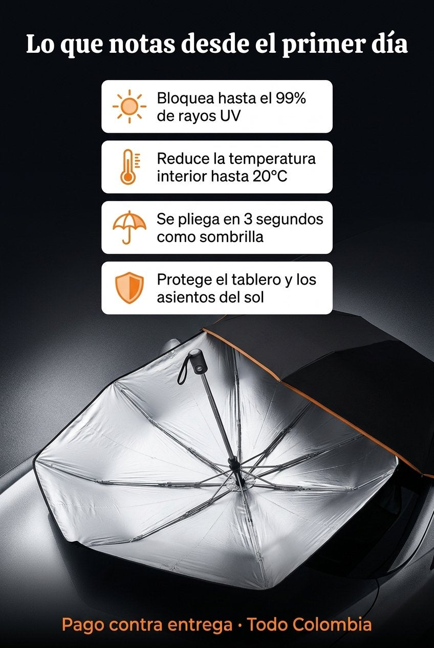 Beneficios ClimaCool — bloquea UV, reduce temperatura 20°C, plegado en 3 segundos, protege tablero.