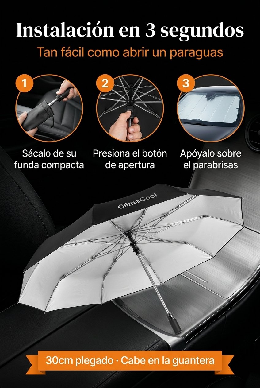 Cómo instalar ClimaCool — tres pasos, tres segundos. Saca, abre, apoya en el parabrisas.