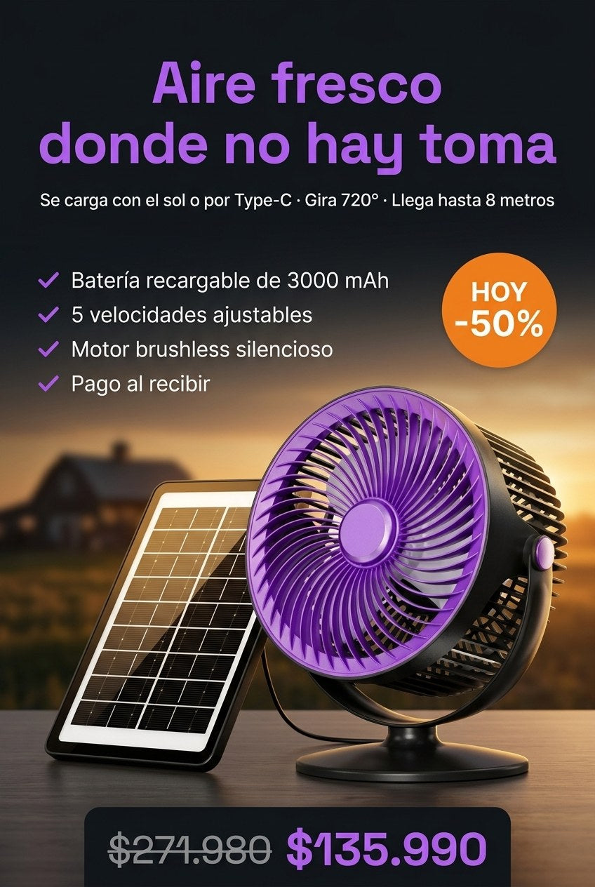 Ventilador Solar Portatil Recargable 5 Velocidades — Hero