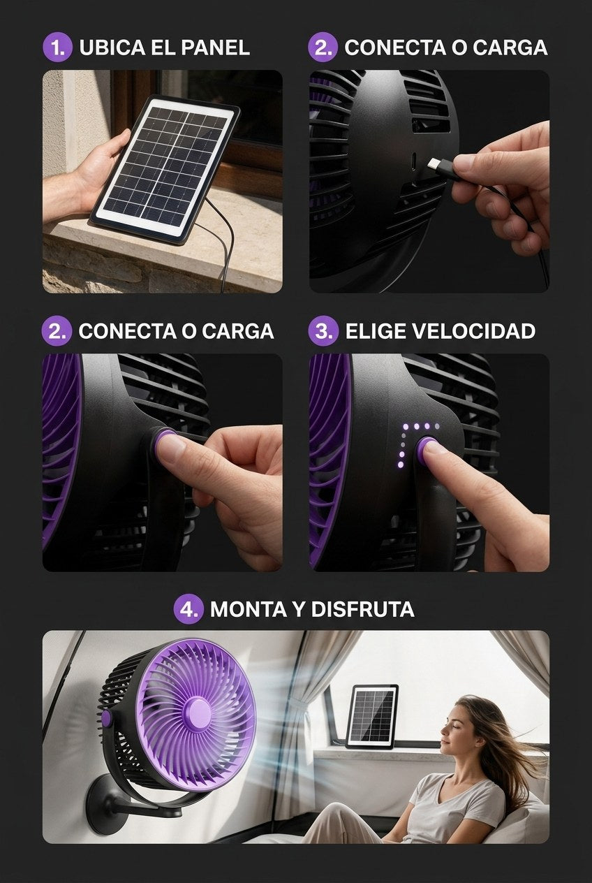 Ventilador Solar Portatil Recargable 5 Velocidades — Modo Uso