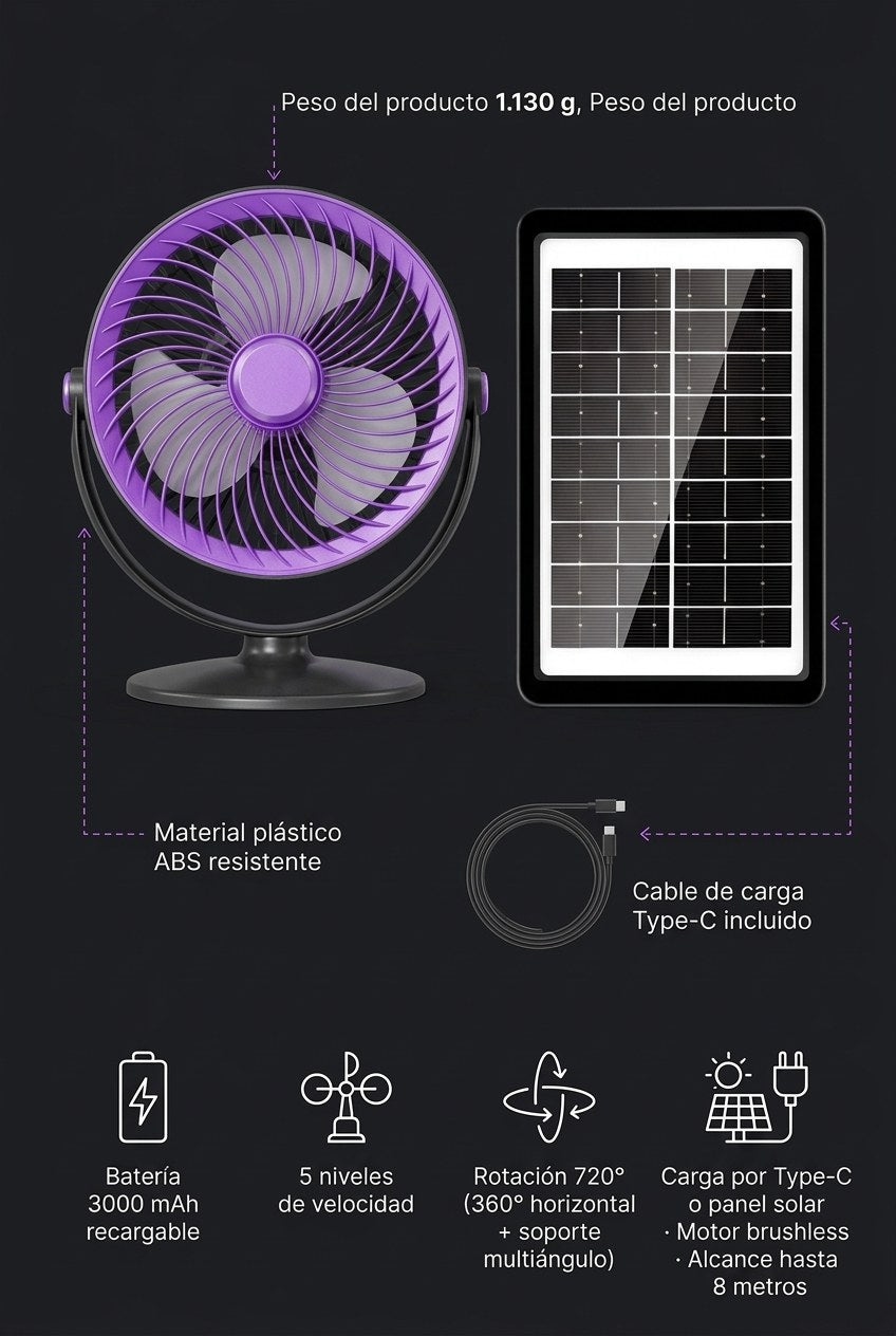 Ventilador Solar Portatil Recargable 5 Velocidades — Ficha Tecnica