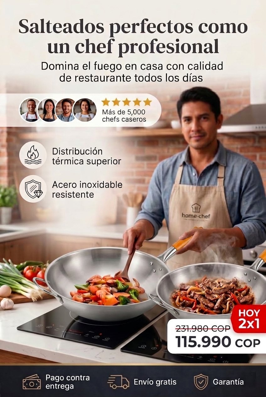 Wok con mango de madera salteando como un chef